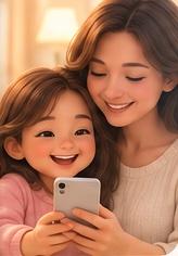 A mom and daughter looking at a phone together